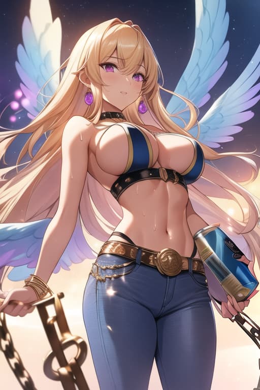  1 woman BREAK, long blonde hair, (bangs), red eyes, (upward slanting eyes: 0.7), slender, (sweat: 0.8), shiny body, shiny skin, (full breasts: 1.2), nipples, tight, cinched waist, slight abs, large breasts BREAK, earrings, chain belt, chain, chain accessories, purple flames above both eyebrows BREAK, chain necklace, chain accessories, ring, chain bracelet, angel wings from shoulder blades and angel from back wings and New Year's wings from waist (total 6/color: purple) BREAK, denim, long pants, tube top, hoodie, drinking canned juice, BREAK, looking up at the sky, in a good mood, hands in pockets BREAK, sky with lots of clouds BREAK, (masterpiece,, vibrant, very beautiful), BREAK, (very detailed), BREAK, (highest quality, 16k,), perfect ana hyperrealistic, full body, detailed clothing, highly detailed, cinematic lighting, stunningly beautiful, intricate, sharp focus, f/1. 8, 85mm, (centered image composition), (professionally color graded), ((bright soft diffused light)), volumetric fog, trending on instagram, trending on tumblr, HDR 4K, 8K