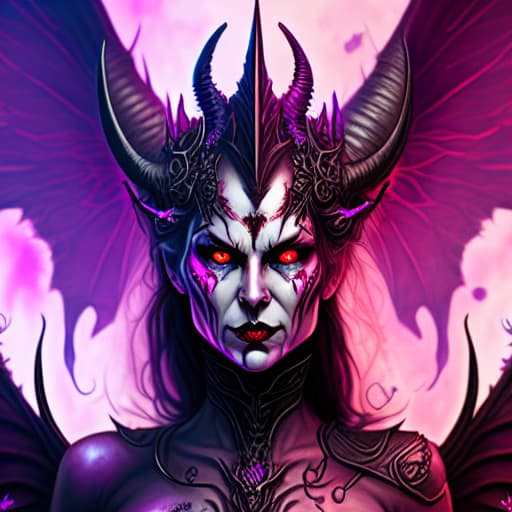  Purple demon queen with red eyes, horns and fairy wings in flames