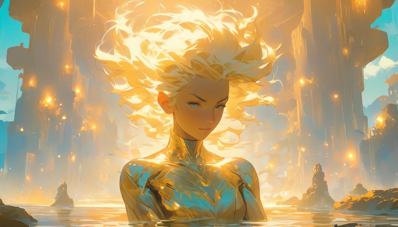  hyperrealism,fantasy aesthetic1woman, large busted attractive blonde arian female humanoid, meditating on a floating island, ethereal atmosphere, golden light surrounding, high tech clothing clad in sleek, futuristic costume with metallic accents and form fitting designs, marvel superhero comics style, unreal engine rendering