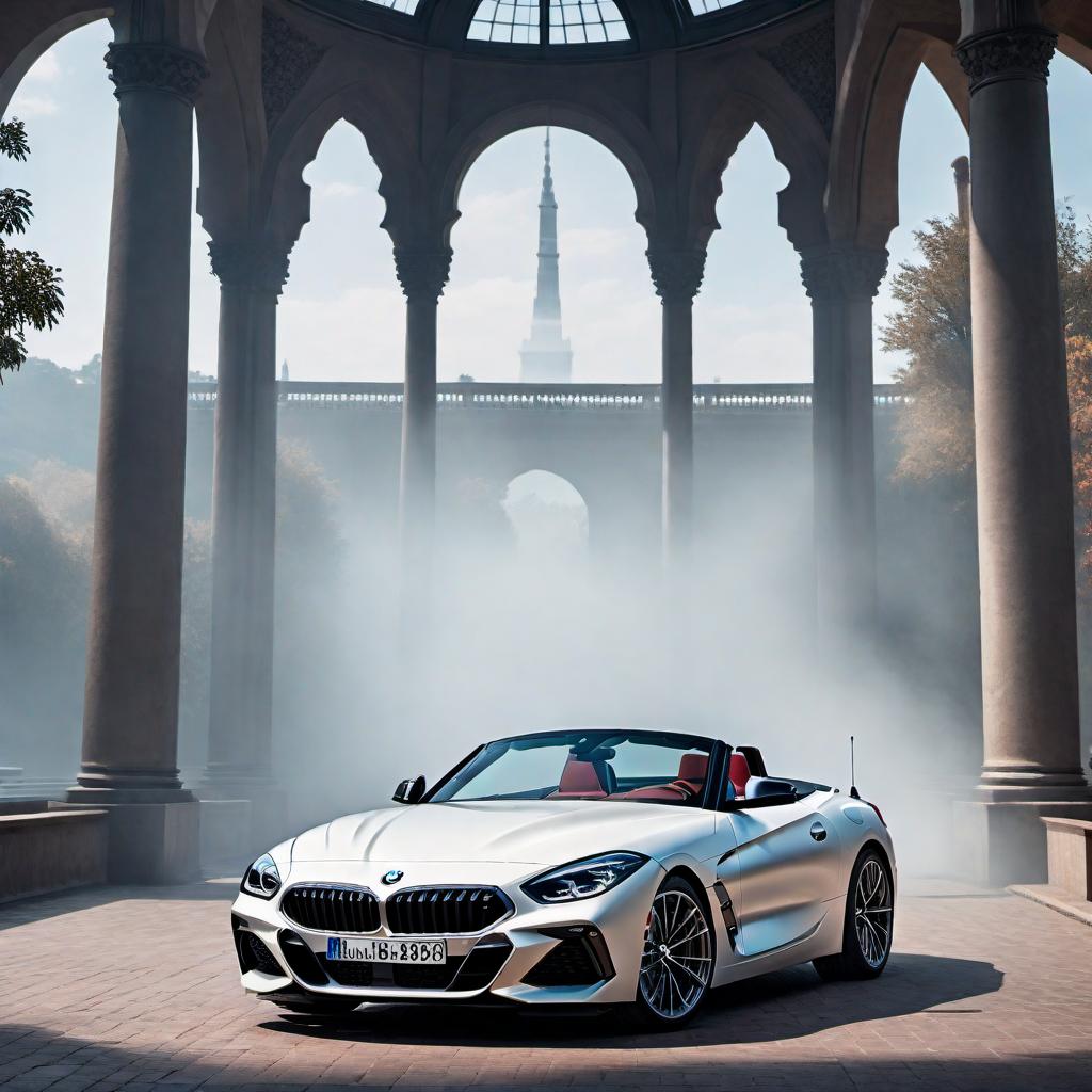  A reimagined BMW Z4 roadster, showcasing a sleek, modern design with futuristic elements. The car should have sharp, aerodynamic lines, advanced LED lighting, and a metallic finish that gleams in the light. The scene should be set against a stunning backdrop, such as a cityscape at night or a scenic coastal road, emphasizing the car's elegance and power. The style should evoke a new artistic vision, blending realistic details with a touch of abstract or surreal elements to create a unique and captivating aesthetic. hyperrealistic, full body, detailed clothing, highly detailed, cinematic lighting, stunningly beautiful, intricate, sharp focus, f/1. 8, 85mm, (centered image composition), (professionally color graded), ((bright soft diffused light)), volumetric fog, trending on instagram, trending on tumblr, HDR 4K, 8K