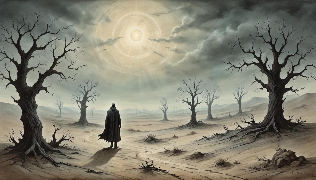  on parchment, surrealism+++, A ghostly observer overlooking a desolate landscape, barren trees and dry earth, spectral hands reaching out in desperation, the observer's eyes glowing with an eerie light, sense of doom, haunting, bleak.(mysterious, provocative, symbolic,muted color)+++