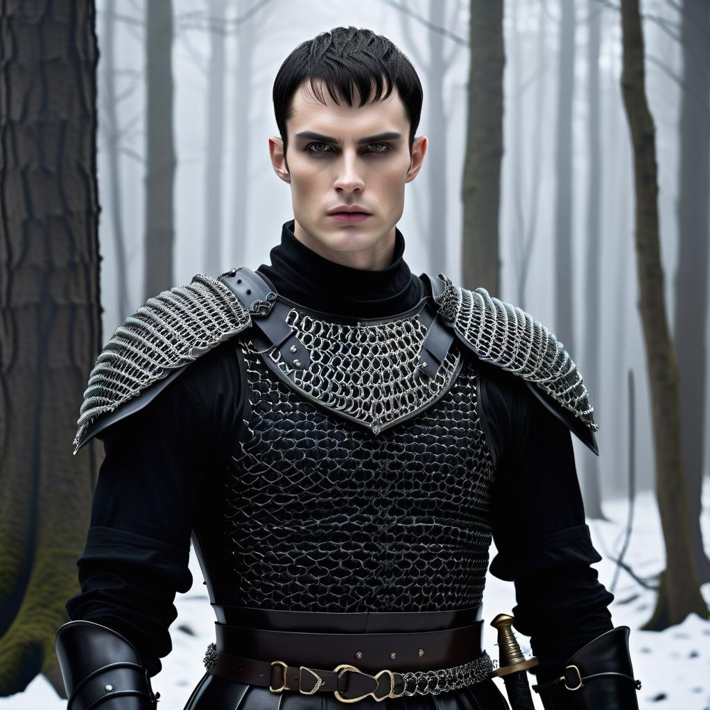  macabre style young man, warrior, short dark hair, pale skin, dark eyes, very thin lips, clean shaven face, full height, wearing black chainmail and armor and sword, dark winter forest background, trees in the snow, gothic fantasy style . dark, gothic, grim, haunting, highly detailed hyperrealistic, full body, detailed clothing, highly detailed, cinematic lighting, stunningly beautiful, intricate, sharp focus, f/1. 8, 85mm, (centered image composition), (professionally color graded), ((bright soft diffused light)), volumetric fog, trending on instagram, trending on tumblr, HDR 4K, 8K