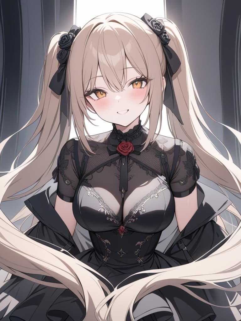  Hair colored beige, black gothic fashion, twin tails, long hair, rose motifs, smiles, eyes red, masterpiece, best quality,8k,ultra detailed,high resolution,an extremely delicate and beautiful,hyper detail