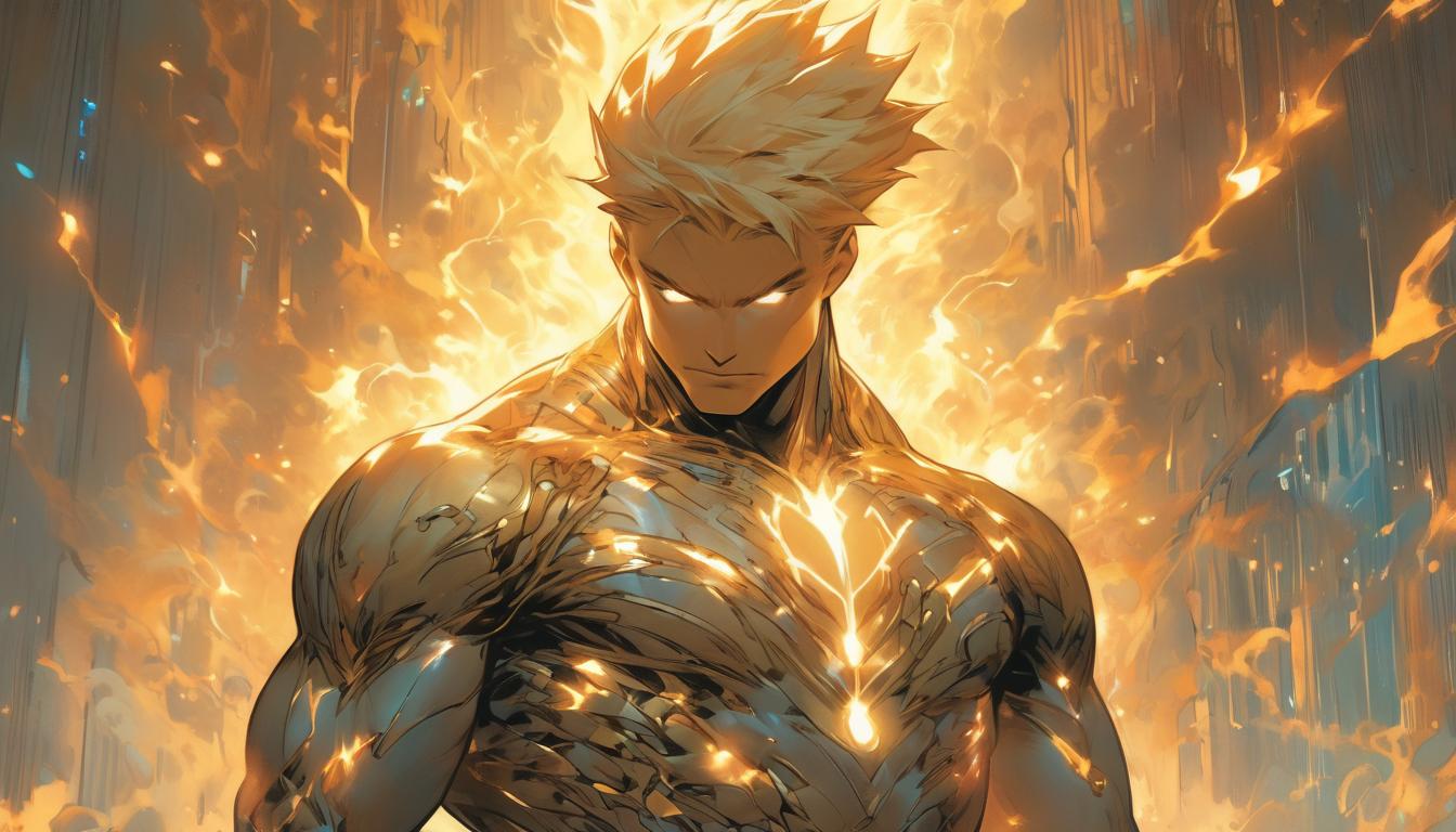  hyperrealism,fantasy aesthetic1man, handsome blonde arian male humanoid, meditative pose, dna strands entwined with his being, radiant light emission, high tech clothing clad in sleek, futuristic costume with metallic accents and form fitting designs, marvel superhero comics style, unreal engine rendering