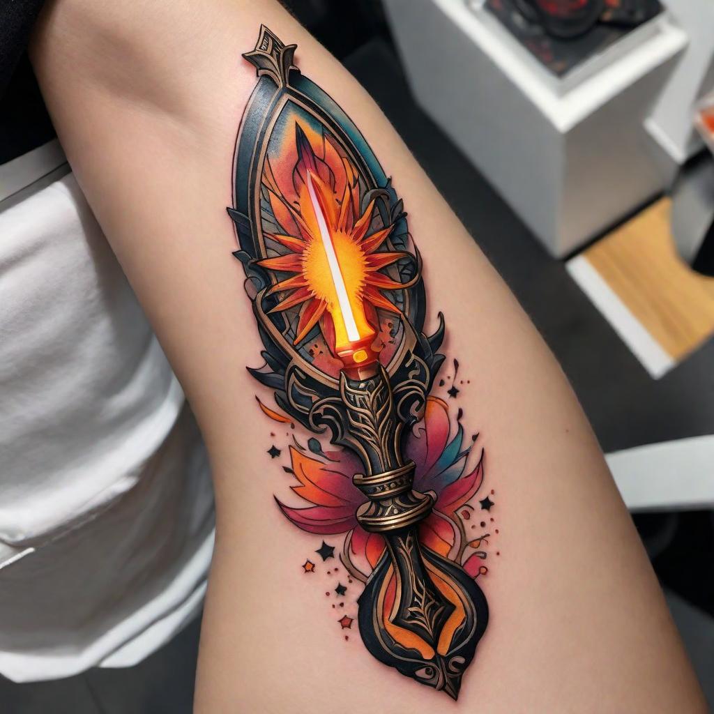  A unique tattoo design featuring a knife slicing the sunrise open, with vibrant colors like orange, pink, and gold escaping from the cut. Adding more realism to the knife with a metallic sheen and ornate patterns on the handle. The escaping colors should have a flowing, dynamic feel, mixing and swirling together as they escape. The background can include subtle elements like faint stars and a hint of the horizon line to add depth to the design. hyperrealistic, full body, detailed clothing, highly detailed, cinematic lighting, stunningly beautiful, intricate, sharp focus, f/1. 8, 85mm, (centered image composition), (professionally color graded), ((bright soft diffused light)), volumetric fog, trending on instagram, trending on tumblr, HDR 4K, 8K