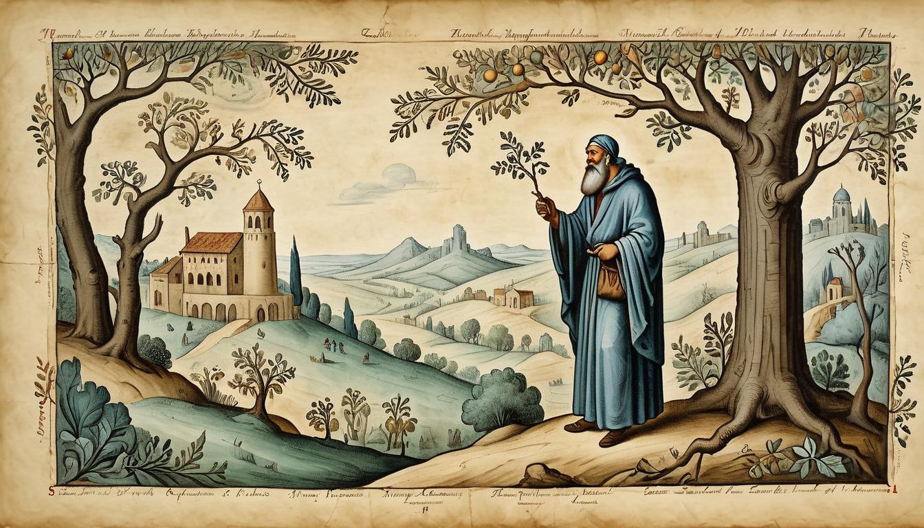  on parchment, surrealism+++, Zacchaeus, thoughtful expression, marginalized figure, sense of curiosity, pursuit of understanding, internal conflict(mysterious, provocative, symbolic,muted color)+++