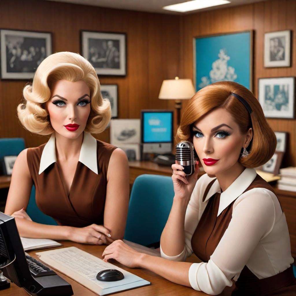  A glamorous vintage 60s cartoon-style podcast cover featuring two women in an office setting. They are sitting at a table with microphones and espresso cups. One woman has blonde hair and blue eyes, with a chic bob hairstyle and wearing a stylish dress. The other woman has brown hair and brown eyes with distinct facial features and long wavy hair, wearing a retro outfit. The background includes elements of a glamorous office room from the 60s, with vintage furniture, elegant decor, and a warm, inviting atmosphere. Enhance the details and add more refinement to make the overall image more striking and vivid, retaining the bright, colorful, and nostalgic 60s cartoon drawing aesthetic. hyperrealistic, full body, detailed clothing, highly detailed, cinematic lighting, stunningly beautiful, intricate, sharp focus, f/1. 8, 85mm, (centered image composition), (professionally color graded), ((bright soft diffused light)), volumetric fog, trending on instagram, trending on tumblr, HDR 4K, 8K