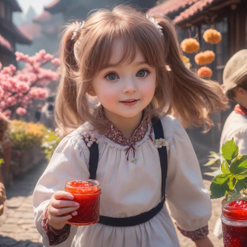  The child is eating jam. Background: sakura, haze, glow hyperrealistic, full body, detailed clothing, highly detailed, cinematic lighting, stunningly beautiful, intricate, sharp focus, f/1. 8, 85mm, (centered image composition), (professionally color graded), ((bright soft diffused light)), volumetric fog, trending on instagram, trending on tumblr, HDR 4K, 8K