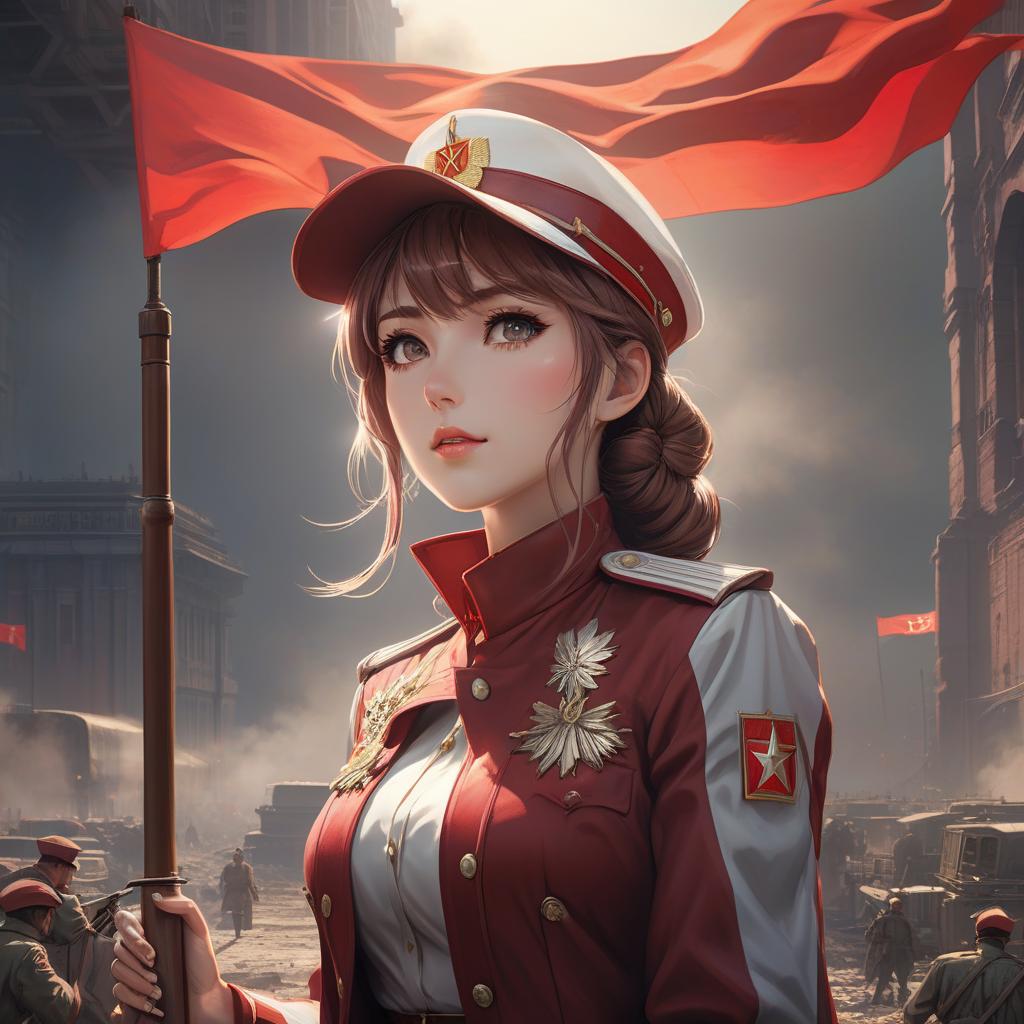  anime artwork Soviet Komsomol, Soviet Union, Girl, USSR flag, in uniform. . anime style, key visual, vibrant, studio anime, highly detailed hyperrealistic, full body, detailed clothing, highly detailed, cinematic lighting, stunningly beautiful, intricate, sharp focus, f/1. 8, 85mm, (centered image composition), (professionally color graded), ((bright soft diffused light)), volumetric fog, trending on instagram, trending on tumblr, HDR 4K, 8K