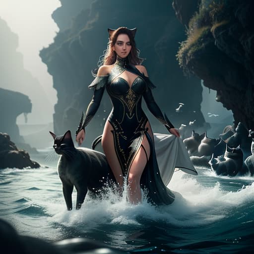  one women swimming in pure water with a lot of cats in black sea hyperrealistic, full body, detailed clothing, highly detailed, cinematic lighting, stunningly beautiful, intricate, sharp focus, f/1. 8, 85mm, (centered image composition), (professionally color graded), ((bright soft diffused light)), volumetric fog, trending on instagram, trending on tumblr, HDR 4K, 8K