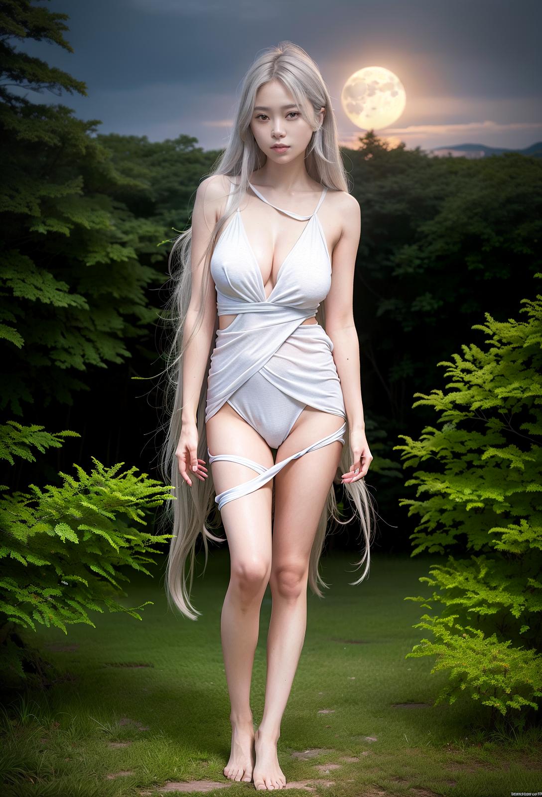  High resolution, 4K, ultra high quality, wilderness, full moon, moonlight, stand barefoot on Kusano, big smiles, big eyes, actresses, transcendental beauty, long hair, light silver hair, (Masterpiece, BestQuality:1.3), (ultra detailed:1.2), (hyperrealistic:1.3), (RAW photo:1.2),High detail RAW color photo, professional photograph, (Photorealistic:1.4), (realistic:1.4), ,professional lighting, (japanese), beautiful face, (realistic face)