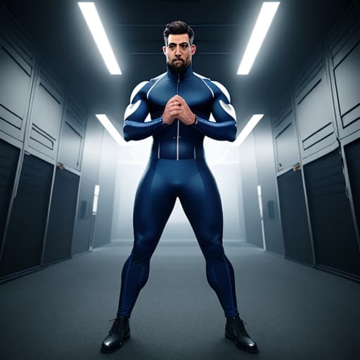  image of a man wearing a dark blue skin tight secret agent costume with grey strips and howling wolf design hyperrealistic, full body, detailed clothing, highly detailed, cinematic lighting, stunningly beautiful, intricate, sharp focus, f/1. 8, 85mm, (centered image composition), (professionally color graded), ((bright soft diffused light)), volumetric fog, trending on instagram, trending on tumblr, HDR 4K, 8K