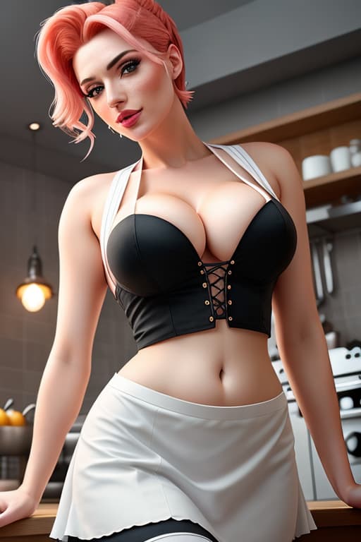  a closeup portrait of a playful maid, undercut hair, apron, amazing body, pronounced feminine feature, lustful, busty, cleavage, belly button, stockings, kitchen, [ash blonde | ginger | pink hair], freckles, flirting with camera hyperrealistic, full body, detailed clothing, highly detailed, cinematic lighting, stunningly beautiful, intricate, sharp focus, f/1. 8, 85mm, (centered image composition), (professionally color graded), ((bright soft diffused light)), volumetric fog, trending on instagram, trending on tumblr, HDR 4K, 8K