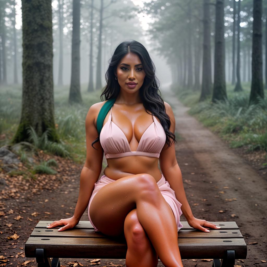  a woman sitting on a bench in the grass, in deep forest hungle, exposed thighs!!!, wearing pink sari, full body pov, street pic, mom, wet hairy bodies, hethe srodawa, flash on pussy, mountainside, black skin, looking at the viewer, frock, uncropped hyperrealistic, full body, detailed clothing, highly detailed, cinematic lighting, stunningly beautiful, intricate, sharp focus, f/1. 8, 85mm, (centered image composition), (professionally color graded), ((bright soft diffused light)), volumetric fog, trending on instagram, trending on tumblr, HDR 4K, 8K