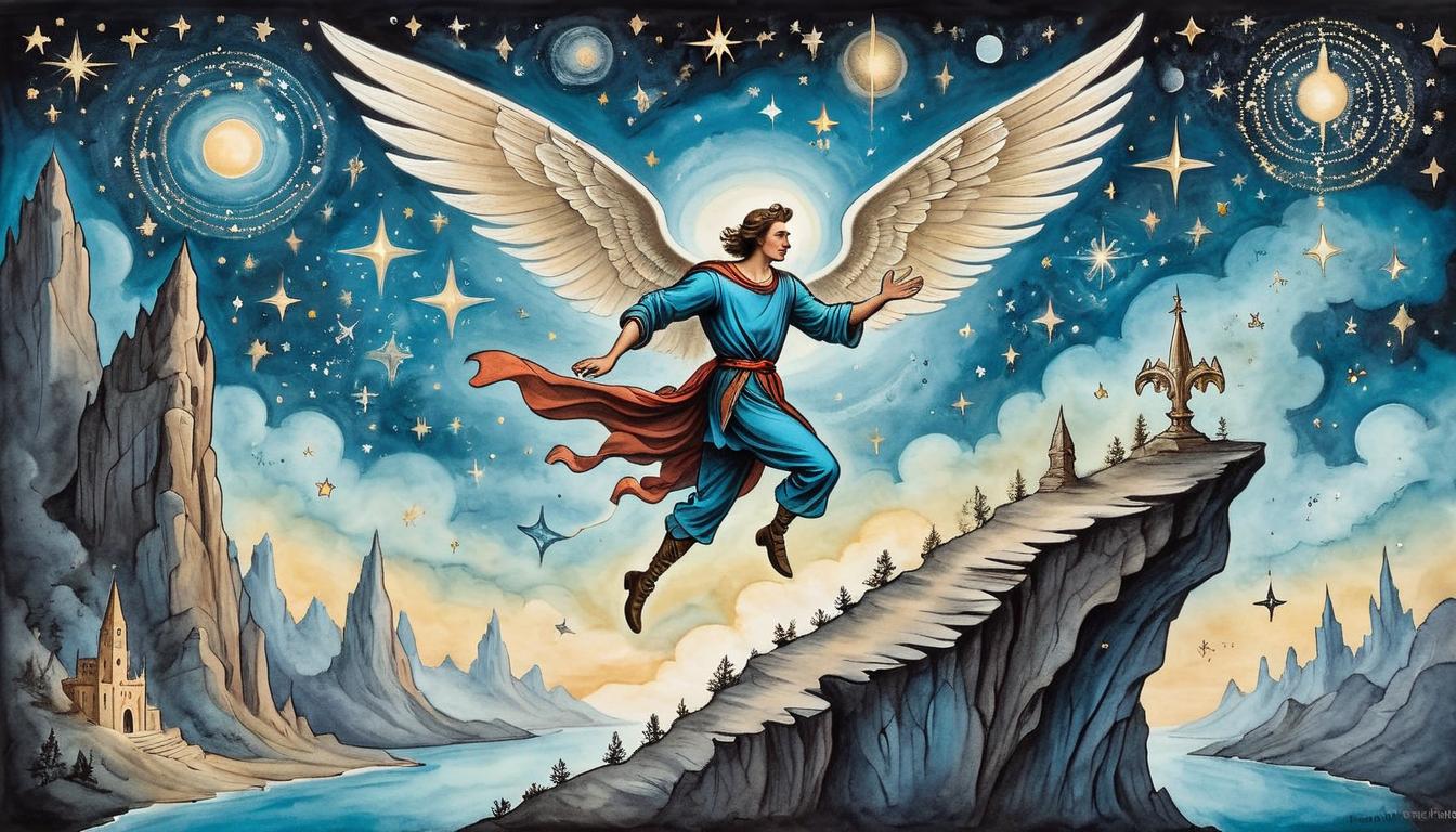  on parchment, surrealism+++, A figure leaping from one cliff to another, ethereal wings unfolding, background of stars and cosmic motives, leap of faith, determination, trust in destiny(mysterious, provocative, symbolic,muted color)+++