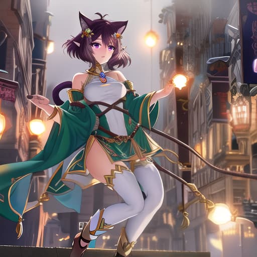  Cat girl, purple eyes, brown hair and elf costume, puff tail hyperrealistic, full body, detailed clothing, highly detailed, cinematic lighting, stunningly beautiful, intricate, sharp focus, f/1. 8, 85mm, (centered image composition), (professionally color graded), ((bright soft diffused light)), volumetric fog, trending on instagram, trending on tumblr, HDR 4K, 8K