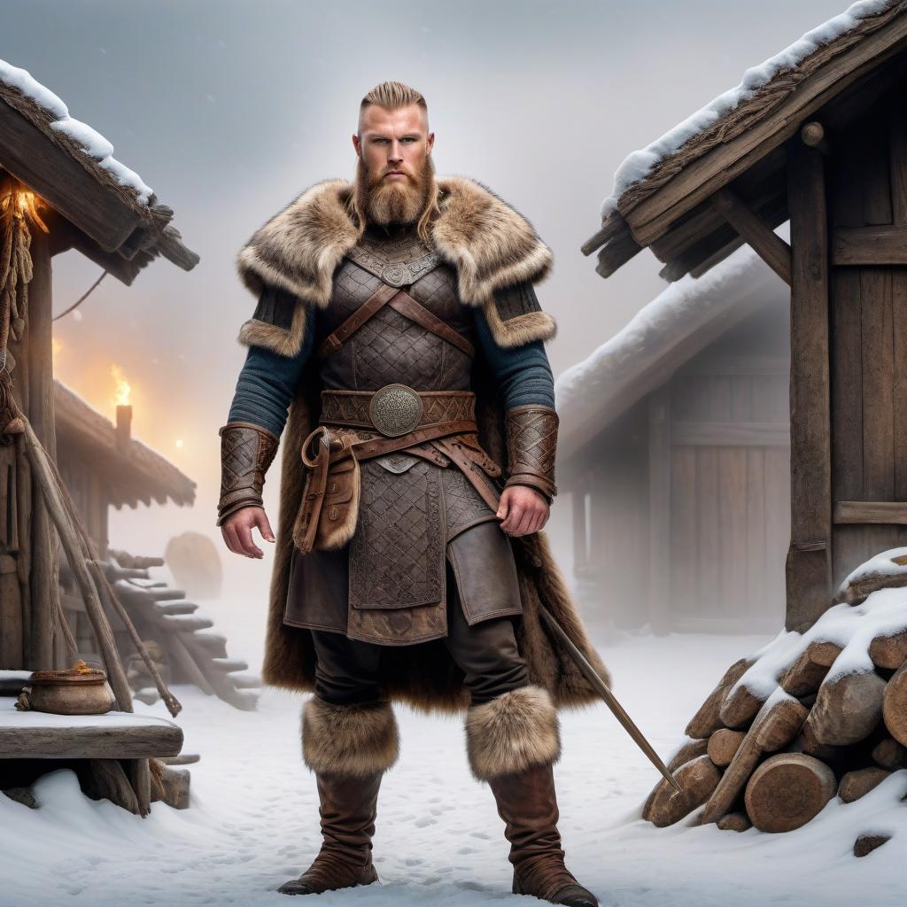  viking berserker, intricate details, furs, freckles, viking clothing, medieval viking village background, winter, half smile, hyperrealism, complexity, (Masterpiece: 1.5), (best quality: 1.5). watercolor airbrush Magali in Villeneuve style hyperrealistic, full body, detailed clothing, highly detailed, cinematic lighting, stunningly beautiful, intricate, sharp focus, f/1. 8, 85mm, (centered image composition), (professionally color graded), ((bright soft diffused light)), volumetric fog, trending on instagram, trending on tumblr, HDR 4K, 8K