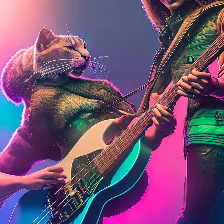 nvinkpunk Realistic image of a pink panther playing a bass guitar, fantasy, barbie hyperrealistic, full body, detailed clothing, highly detailed, cinematic lighting, stunningly beautiful, intricate, sharp focus, f/1. 8, 85mm, (centered image composition), (professionally color graded), ((bright soft diffused light)), volumetric fog, trending on instagram, trending on tumblr, HDR 4K, 8K