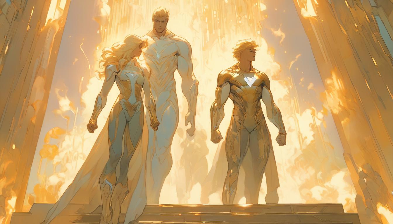  hyperrealism,fantasy aesthetic1man1woman, large busted attractive blonde arian female humanoid and handsome blonde male humanoid, ascending a staircase of light, ethereal landscape, feeling of spiritual growth, high tech clothing clad in sleek, futuristic costume with metallic accents and form fitting designs, marvel superhero comics style, unreal engine rendering