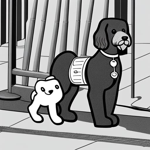  Cavoodle dog black and white cartoon pushing a walking aid