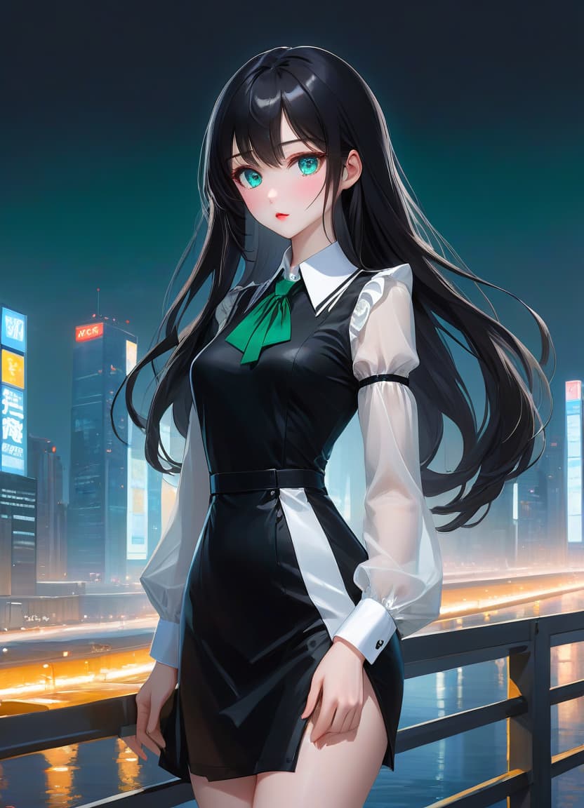  anime artwork beautiful , , white skinned, European, blue eyes, long brown straight hair, slender figure, small neat s, dressed in a black dress with a white collar and white cuffs, full length, against the backdrop of a modern city. Skyscrs of Moscow City (photorealism, oil painting: 1.3), (full length shot: 1.3), charming , long flowing black hair, (large sensual mouth: 1.2), plump lips, sparkling emerald eyes , narrow waist, (sensual drawing: 1.2), silvery glow, ethereal aura, detailed brushwork, intricate shadows and highlights, mysterious and captivating expression, unique color palette, masterful use of light and shadow, captivating atmosphere, pure emotion, intense gaze, dynamic composition. small hyperrealistic, full body, detailed clothing, highly detailed, cinematic lighting, stunningly beautiful, intricate, sharp focus, f/1. 8, 85mm, (centered image composition), (professionally color graded), ((bright soft diffused light)), volumetric fog, trending on instagram, trending on tumblr, HDR 4K, 8K