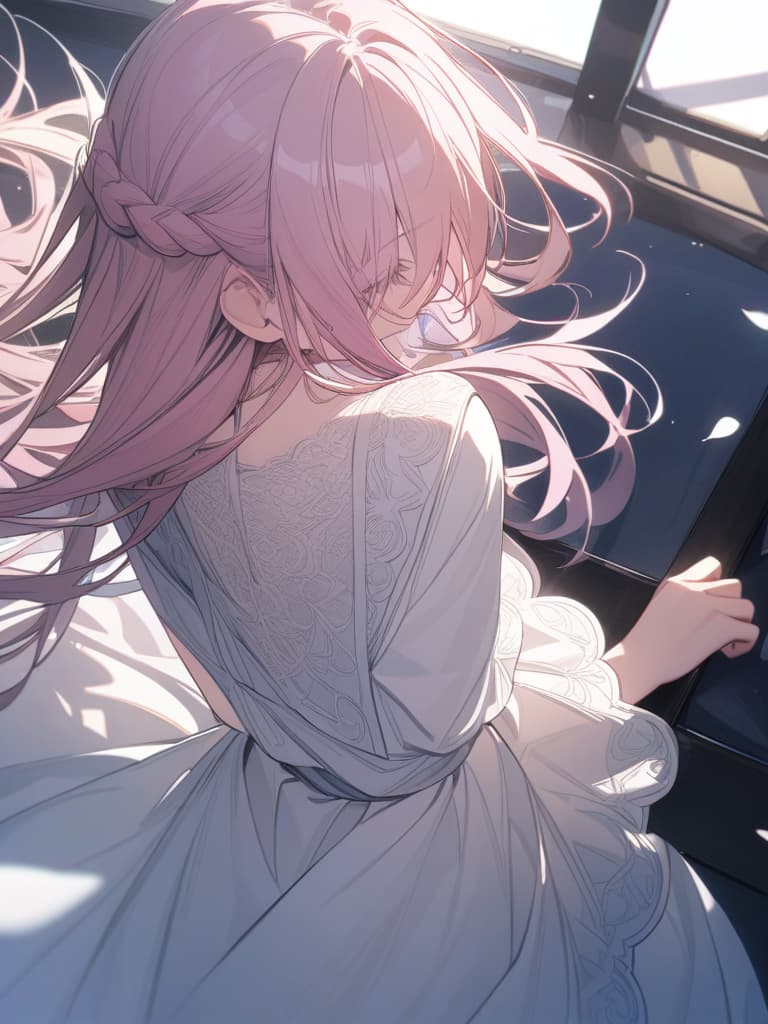  Pink hair, green, long hair, white dress, masterpiece, best quality,8k,ultra detailed,high resolution,an extremely delicate and beautiful,hyper detail