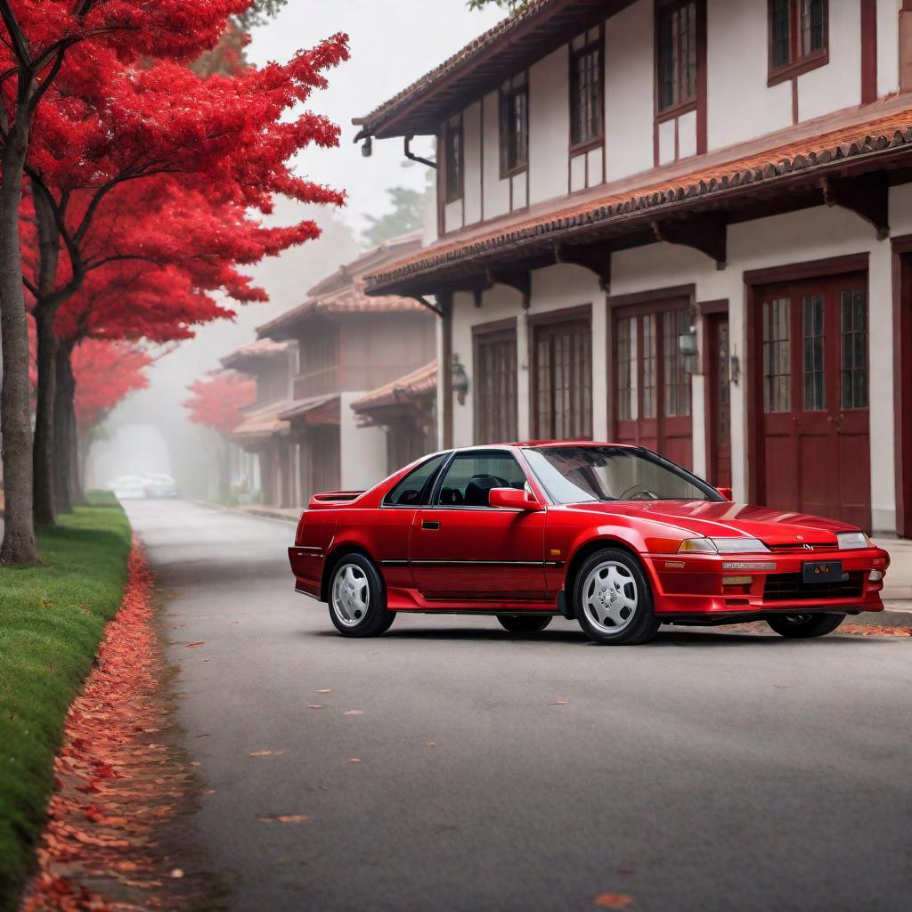  1991 Honda Prelude Si in red color, parked on a road. The car should highlight its sporty design elements, including its sleek front grille, distinctive alloy wheels, pop-up headlights, and classic early 90s coupe body lines. The background should be simple to keep the focus on the car. hyperrealistic, full body, detailed clothing, highly detailed, cinematic lighting, stunningly beautiful, intricate, sharp focus, f/1. 8, 85mm, (centered image composition), (professionally color graded), ((bright soft diffused light)), volumetric fog, trending on instagram, trending on tumblr, HDR 4K, 8K