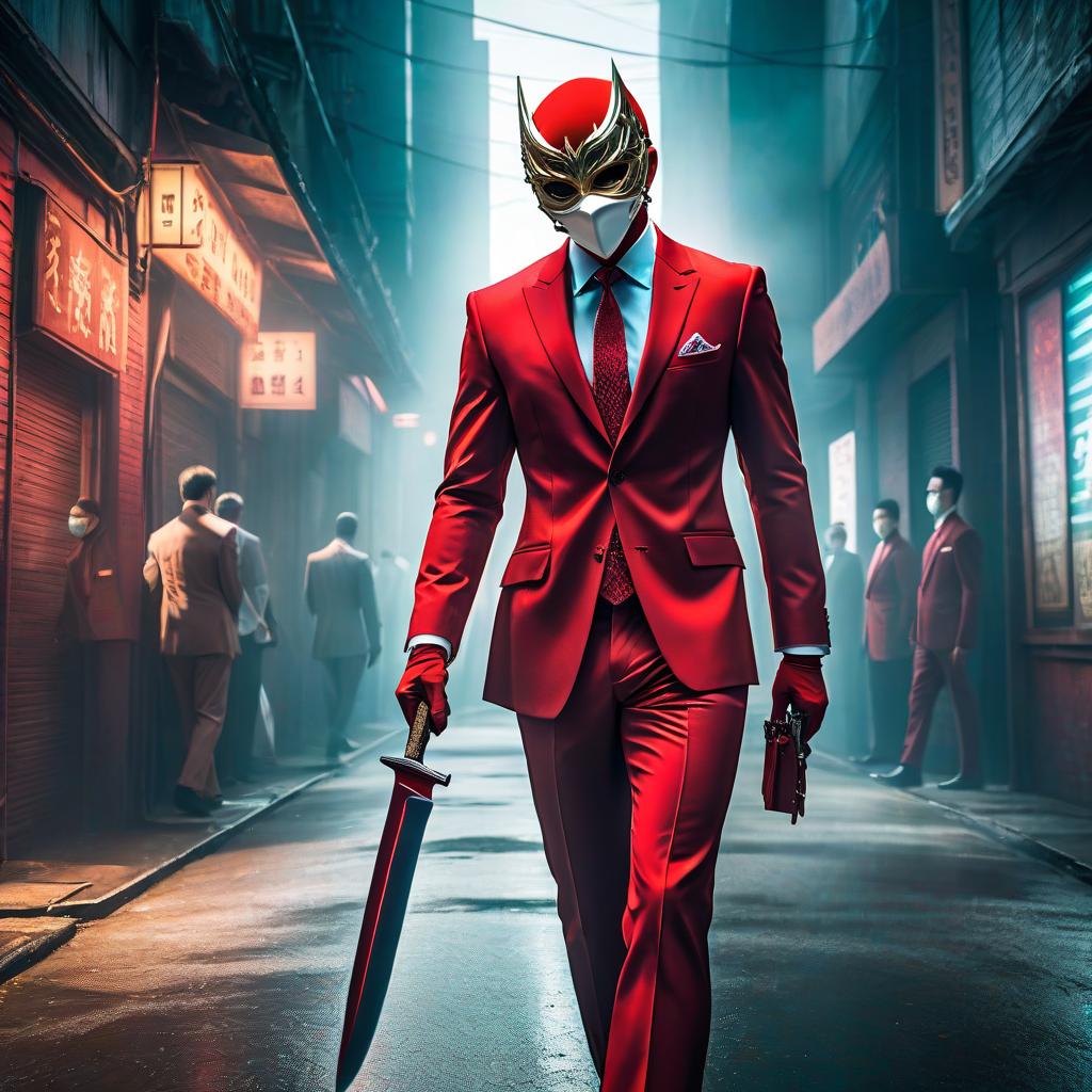  anime artwork A crazy man in a red suit with a mask, holding a knife in his hand and walking slowly. . anime style, key visual, vibrant, studio anime, highly detailed hyperrealistic, full body, detailed clothing, highly detailed, cinematic lighting, stunningly beautiful, intricate, sharp focus, f/1. 8, 85mm, (centered image composition), (professionally color graded), ((bright soft diffused light)), volumetric fog, trending on instagram, trending on tumblr, HDR 4K, 8K