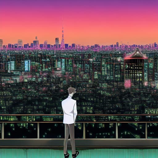  A well dressed young male professional with green undertones to his appearance, background is Tokyo night time skyline