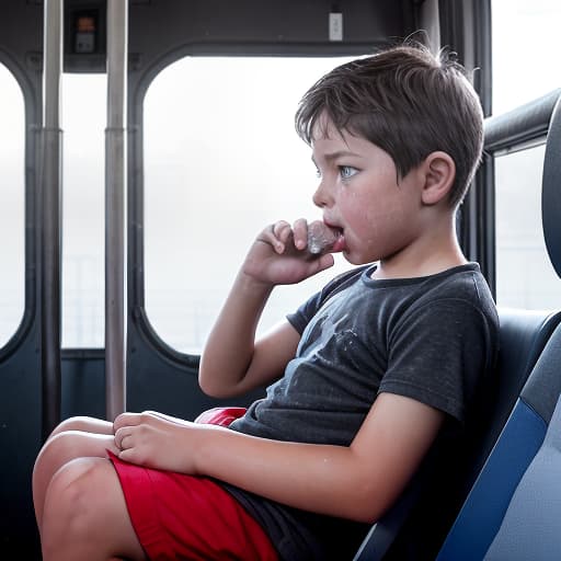  a very sweaty very young boy, caught on a public bus, is discovered by the viewer. The young 's face is rendered in exquisite detail, a look of and arousal as he realizes he's been caught the boy on the bus seat lets out a stream of warm, viscous liquid photo realistic shooting out from the tip of his huge engorged erect coating his and splattering onto the floor of the bus, the pinnacle of his is his sweaty features, high-angle shot, dramatic angle, extreme angle shot, photo-realistic, volumetric fog, 85mm lens, HDR, cinematic