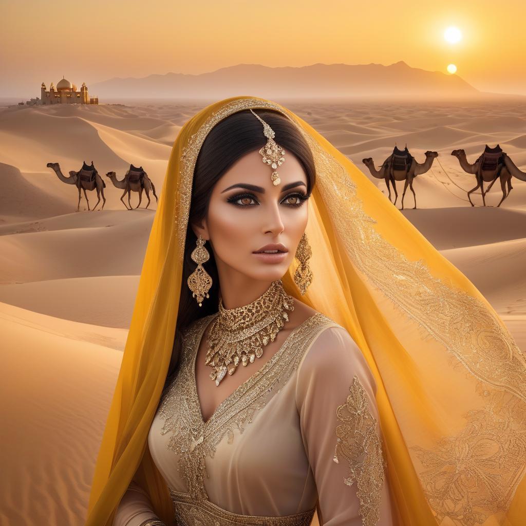  A woman with intricate jewelry and a colorful veil gazes intently, as a caravan of camels traverses a desert with a sunset behind. masterpiece.(Desert + dunes).(the main background is a yellow orange gradient).(The Sheikh's castle is in the background).(In the foreground on the right is a caravan of camels + Arabs).(In the foreground on the left is a beautiful Iranian woman with beautiful black eyes).(The Iranian woman is wearing beautiful clothes + expensive jewelry) (The Iranian woman has an openwork veil on her face, she holds it with her hand). (The most beautiful photo in the world.) hyperrealistic, full body, detailed clothing, highly detailed, cinematic lighting, stunningly beautiful, intricate, sharp focus, f/1. 8, 85mm, (centered image composition), (professionally color graded), ((bright soft diffused light)), volumetric fog, trending on instagram, trending on tumblr, HDR 4K, 8K