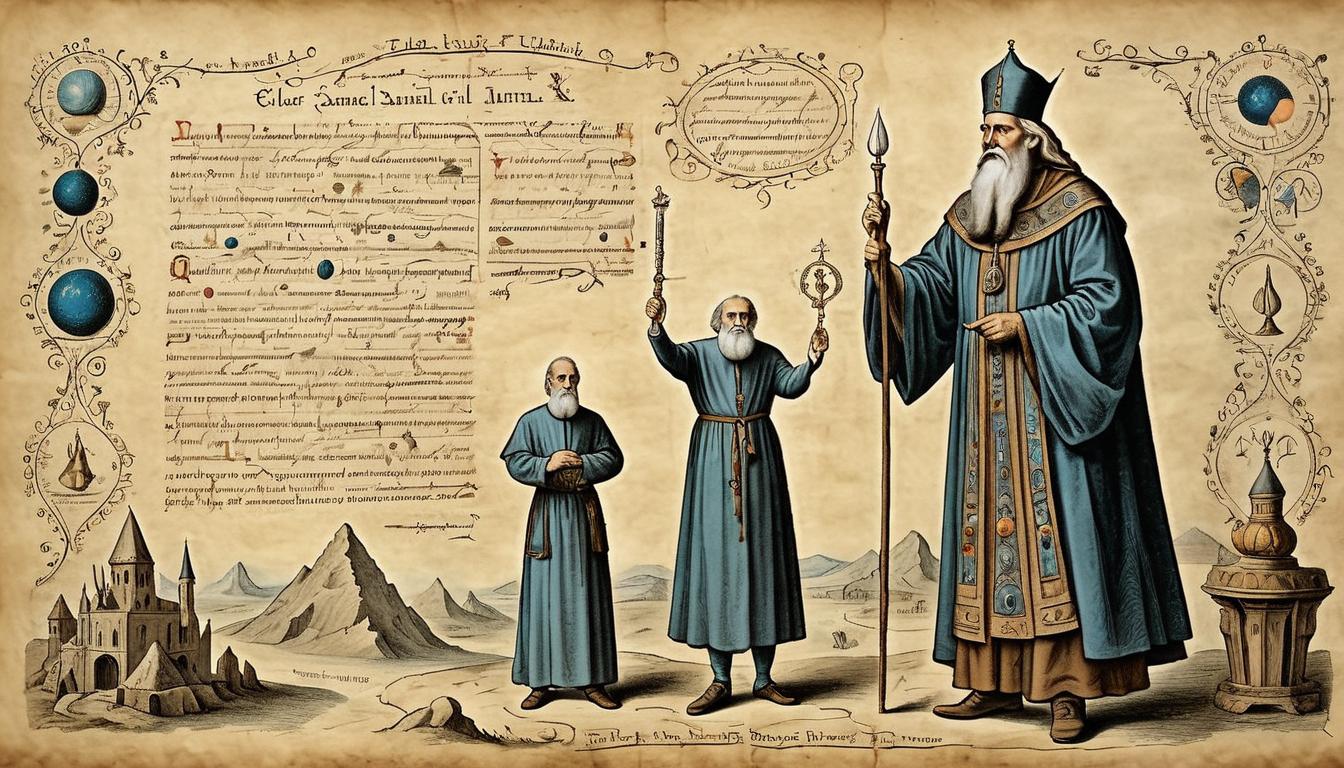  on parchment, surrealism+++, Elder Samuel, wise and venerable, scroll in hand, standing before an audience, aura of wisdom and authority, surrounded by symbols of prophecy, respect, reverence(mysterious, provocative, symbolic,muted color)+++