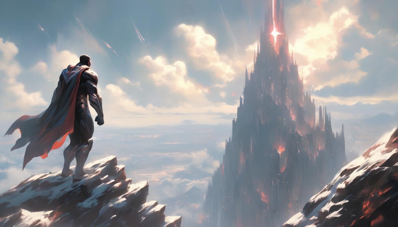  hyperrealism,fantasy aestheticA person scaling a towering peak, reaching for the summit, obstacles below transforming into solid footholds, perseverance, determination, ascending, high tech clothing clad in sleek, futuristic costume with metallic accents and form fitting designs, marvel superhero comics style, unreal engine rendering