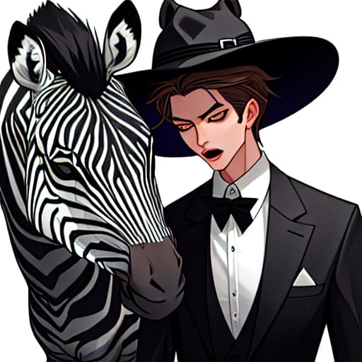  A zebra with a black hat, suit open button and a shocking face