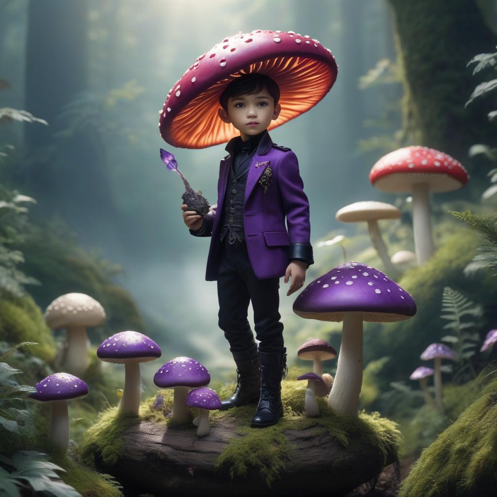  A boy in a black violet cylinder holds a toadstool, against a backdrop of nature. hyperrealistic, full body, detailed clothing, highly detailed, cinematic lighting, stunningly beautiful, intricate, sharp focus, f/1. 8, 85mm, (centered image composition), (professionally color graded), ((bright soft diffused light)), volumetric fog, trending on instagram, trending on tumblr, HDR 4K, 8K