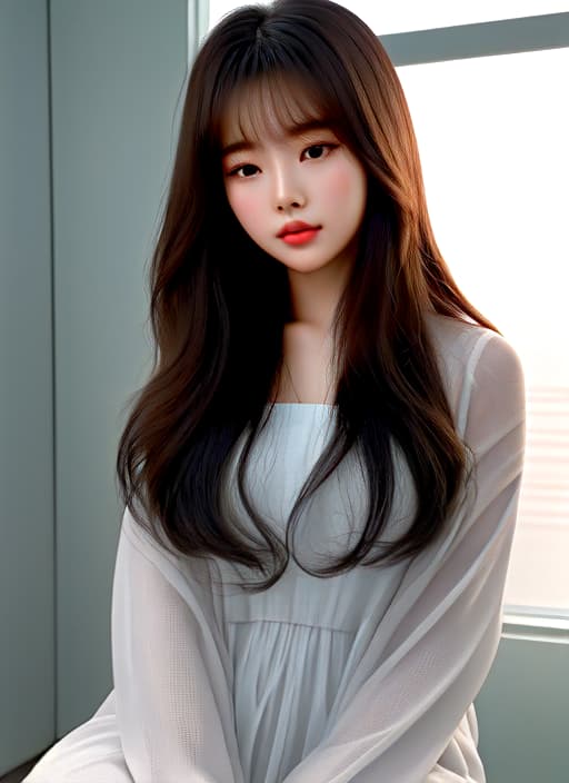  masterpiece, best quality, A Korean girl with a layered perm hairstyle, showcasing her long and vibrant locks, sits in front of a soft, light gray background. Her features are elegantly displayed from the front view, with a subtle focus on the intricate details of her perm and the delightful texture of her hair. Her soft, calm facial features convey a sense of quiet contemplation, with a slight hint of a relaxed and peaceful demeanor. Her skin tone is smooth and even, with a subtle sheen from the soft lighting. The overall mood is one of serenity and tranquility, inviting the viewer to step into her peaceful world, 흰색셔츠착용