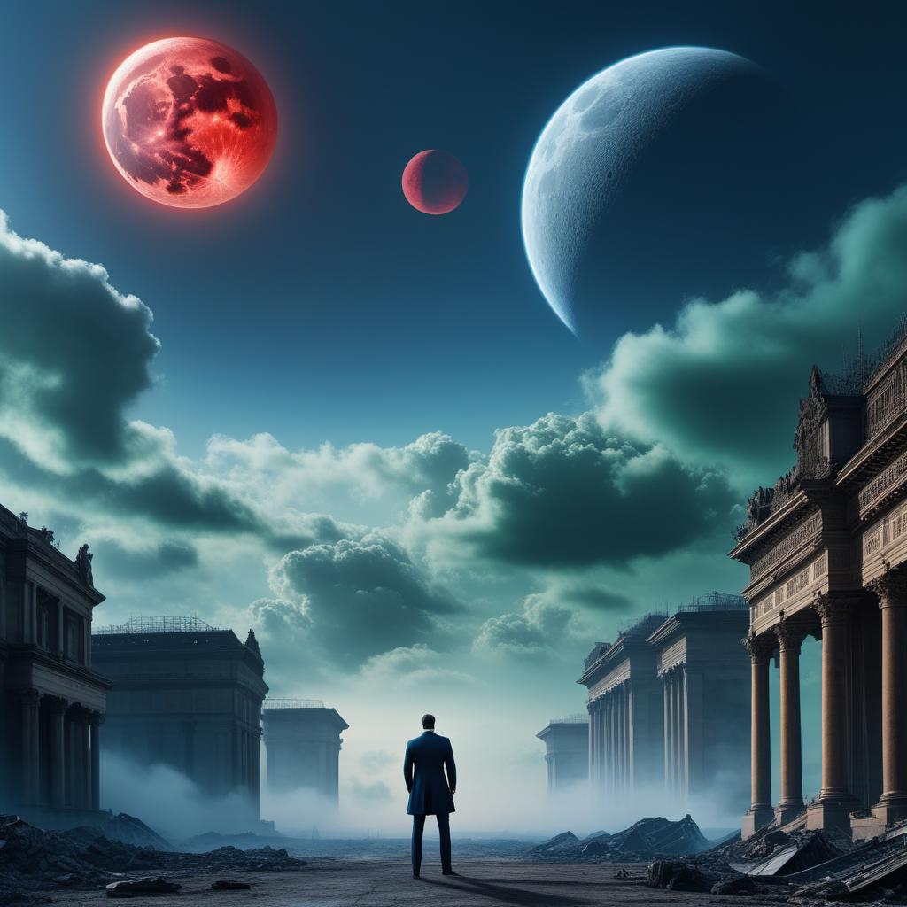  A dramatic end-of-times, doomsday scene where the world transitions to the next dimension. The sky is darkened to a darker blue/green or even red. Show people reacting with mixed emotions—those continuing into the next dimension showing calmness or awe, and those left behind displaying fear or despair. The sky features an extra moon, and mysterious flying objects hover in the air. The overall atmosphere is both surreal and chaotic. hyperrealistic, full body, detailed clothing, highly detailed, cinematic lighting, stunningly beautiful, intricate, sharp focus, f/1. 8, 85mm, (centered image composition), (professionally color graded), ((bright soft diffused light)), volumetric fog, trending on instagram, trending on tumblr, HDR 4K, 8K