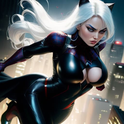  Marvel is a super villain Blackcat , a female cat burglar, a beautiful woman in black bodysuit , and very amazing jumping on rooftops. She's a strong martial artist, has a love and hate relationship with Spiderman, , hyperrealistic, high quality, highly detailed, perfect lighting, intricate, sharp focus, f/1. 8, 85mm, (centered image composition), (professionally color graded), ((bright soft diffused light)), trending on instagram, HDR 4K, 8K