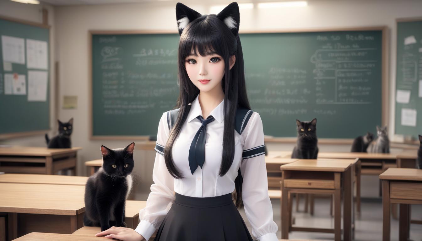   .(Full length: 1.3) teacher 2, cat animal ears, long voluminous black hair, teacher uniform, open age, with lace , gles, cute face, near the blackboard hyperrealistic, full body, detailed clothing, highly detailed, cinematic lighting, stunningly beautiful, intricate, sharp focus, f/1. 8, 85mm, (centered image composition), (professionally color graded), ((bright soft diffused light)), volumetric fog, trending on instagram, trending on tumblr, HDR 4K, 8K