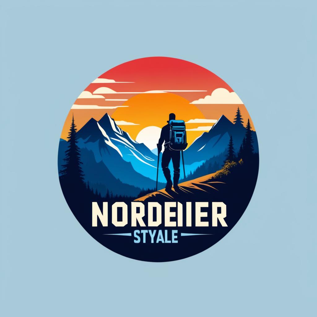  Logo, (realism style), Wanderer auf dem Weg in die Berge bei blauen Sonnenaufgang Richtung „Nordenpfeil“