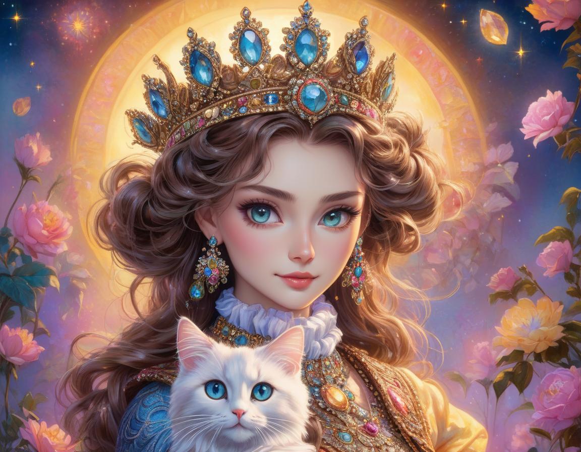  A digital artwork of a young with big eyes, wearing a jeweled crown and earrings, set against a starry, colorful backdrop. Watercolor in the style of Josephine Wall, Tomasz Allen Kopera, Dariusz Zawadzki, Andreja Peklar, Ivan Shiskine, portrait of a , with big brown sparkling eyes, slight smile, fanciful clothes, messy hairstyle, holding a small (ragdoll) in her arms with intricate details and precisely drawn drawing. hyperrealistic, full body, detailed clothing, highly detailed, cinematic lighting, stunningly beautiful, intricate, sharp focus, f/1. 8, 85mm, (centered image composition), (professionally color graded), ((bright soft diffused light)), volumetric fog, trending on instagram, trending on tumblr, HDR 4K, 8K