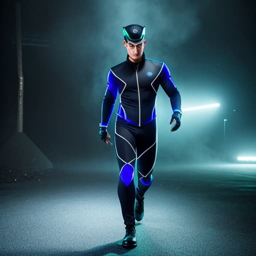  image of a 18 boy wearing thigt a dark blue secret agent costume with green strips and howling wolf design hyperrealistic, full body, detailed clothing, highly detailed, cinematic lighting, stunningly beautiful, intricate, sharp focus, f/1. 8, 85mm, (centered image composition), (professionally color graded), ((bright soft diffused light)), volumetric fog, trending on instagram, trending on tumblr, HDR 4K, 8K