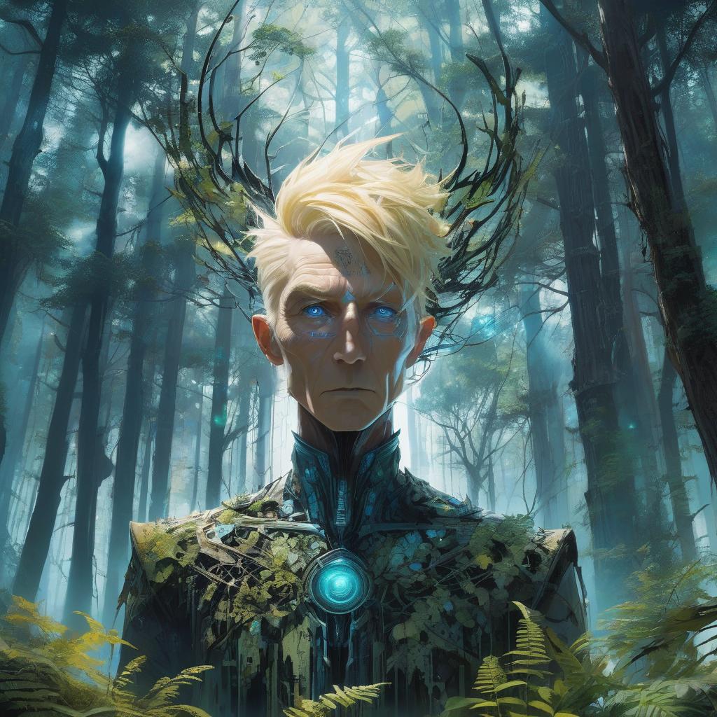  concept art mysterious silhouette forest old man,blond hair, blue green eyes by Minjae Lee, Carne Griffiths, Emily Kell, Geoffroy Thoorens, Aaron Horkey, Jordan Grimmer, Greg Rutkowski, amazing depth, masterwork, surreal, geometric patterns, intricately detailed, bokeh, perfect balanced, deep fine borders, artistic photorealism , smooth, great masterwork by head of prompt engineering . digital artwork, illustrative, painterly, matte painting, highly detailed hyperrealistic, full body, detailed clothing, highly detailed, cinematic lighting, stunningly beautiful, intricate, sharp focus, f/1. 8, 85mm, (centered image composition), (professionally color graded), ((bright soft diffused light)), volumetric fog, trending on instagram, trending on tumblr, HDR 4K, 8K