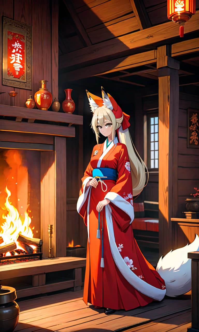  anime artwork A slim Russian girl in full growth with Russian hair and fox like ears and nine Russian tails in a medical kimono stands near the fireplace in a wooden house. . anime style, key visual, vibrant, studio anime, highly detailed hyperrealistic, full body, detailed clothing, highly detailed, cinematic lighting, stunningly beautiful, intricate, sharp focus, f/1. 8, 85mm, (centered image composition), (professionally color graded), ((bright soft diffused light)), volumetric fog, trending on instagram, trending on tumblr, HDR 4K, 8K