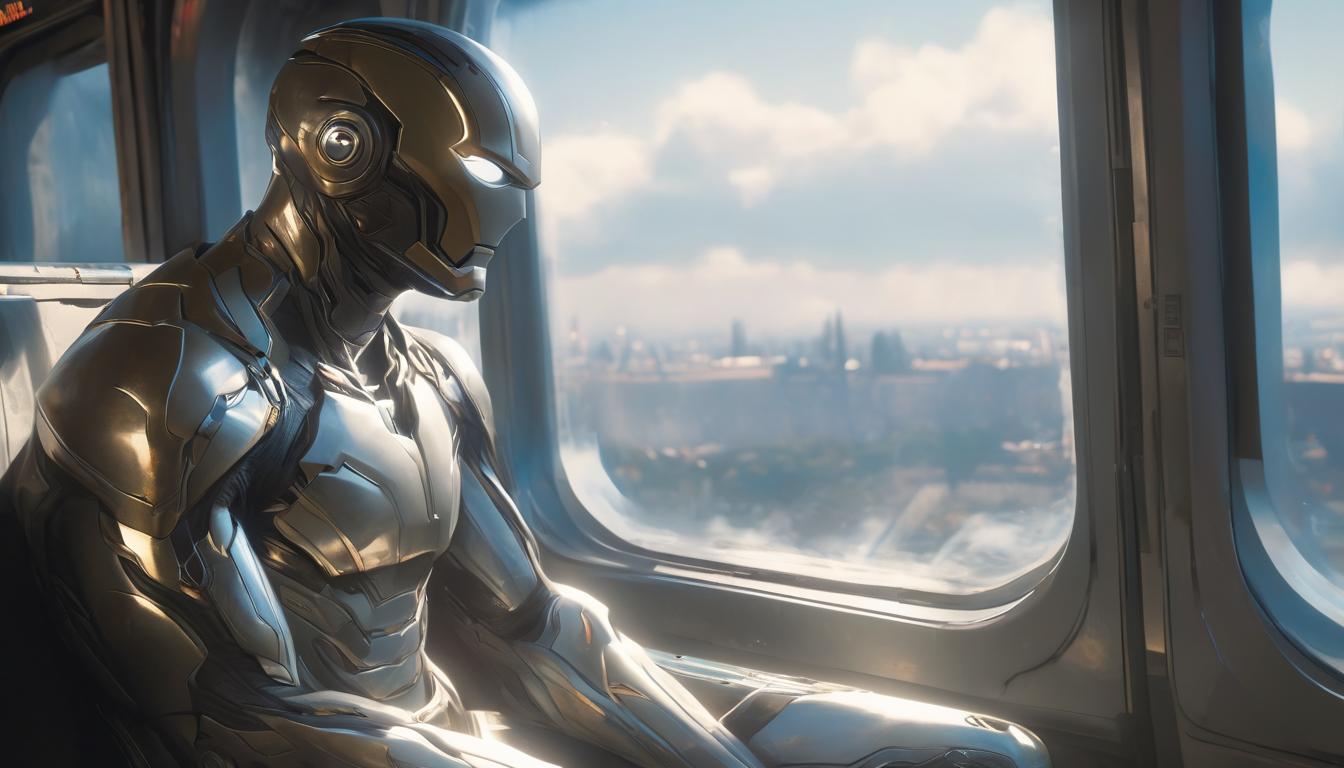  hyperrealism,fantasy aestheticA solitary figure seated by a window on a train, looking out at passing scenery, soft diffused light through the window, sense of reflection and strategy, high tech clothing clad in sleek, futuristic costume with metallic accents and form fitting designs, marvel superhero comics style, unreal engine rendering