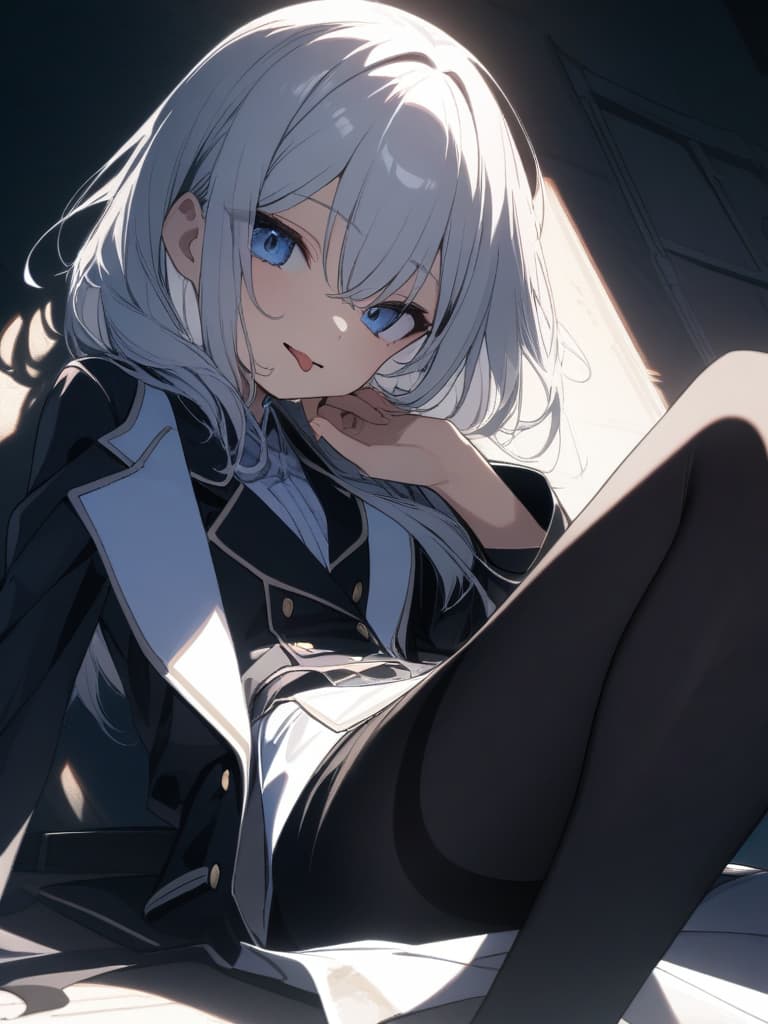  ((black tights,,dirty eyes,,)),big s,open ed uniform,blazer,sitting flat, style sitting,emphasis on s,(medium length hair,hair over shoulders,blue eyes,white hair,tongue ing),pretty ,beautiful,cute,y,ultra detailed,best shadow,cute and beautiful face,(masterpiece:1.2),(best quality:1.2),detailed background,high contrast,(best illumination,an extremely delicate and beautiful),((cinematic light)),hyper detail,dramatic light,intricate details,8k,anime,very aesthetic、((Very,very large s,big ,low cut clothing))、((Black tights,black tights, black tights)), masterpiece, best quality,8k,ultra detailed,high resolution,an extremely delicate and beautiful,hyper detail