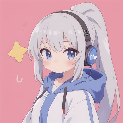  master piece , best quality,Bukavka hoodie, girl, headphones, silver ponytail.