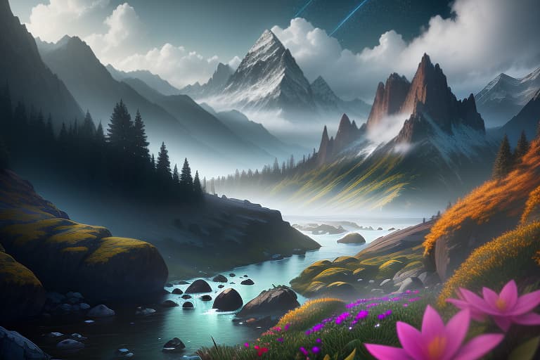  fantastic landscape, another world, mountains, sky, stars, clouds, rocks, plants, gloomy, bright, rich , flowers , alien fairy world , trees, river, water hyperrealistic, full body, detailed clothing, highly detailed, cinematic lighting, stunningly beautiful, intricate, sharp focus, f/1. 8, 85mm, (centered image composition), (professionally color graded), ((bright soft diffused light)), volumetric fog, trending on instagram, trending on tumblr, HDR 4K, 8K