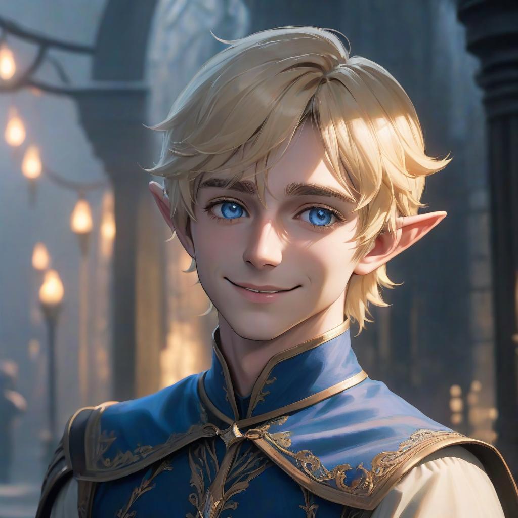  The guy is an elf with blond blond hair. The hair is short, slightly curly. The eyes are a bright deep blue color. The face is round. He smiles tenderly. His eyes are slyly narrowed. hyperrealistic, full body, detailed clothing, highly detailed, cinematic lighting, stunningly beautiful, intricate, sharp focus, f/1. 8, 85mm, (centered image composition), (professionally color graded), ((bright soft diffused light)), volumetric fog, trending on instagram, trending on tumblr, HDR 4K, 8K