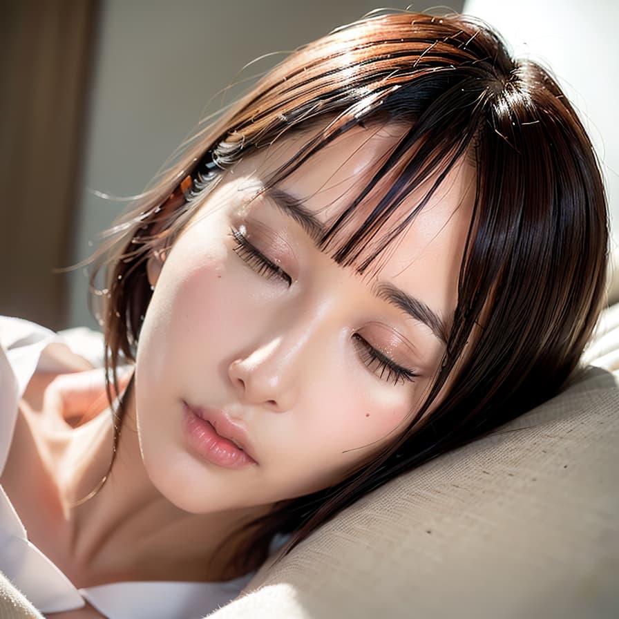  High resolution, 4K, real SKIN Detail, Japan's beauty, one , realistic, lying, side, eyes closed, short hair, see through, sleep, indoor, bed, closed eyes Close your eyes like a , (Masterpiece, BestQuality:1.3), (ultra detailed:1.2), (hyperrealistic:1.3), (RAW photo:1.2),High detail RAW color photo, professional photograph, (Photorealistic:1.4), (realistic:1.4), ,professional lighting, (japanese), beautiful face, (realistic face)